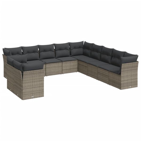 vidaXL 11-tlg. Garten-Sofagarnitur mit Kissen Grau Poly Rattan