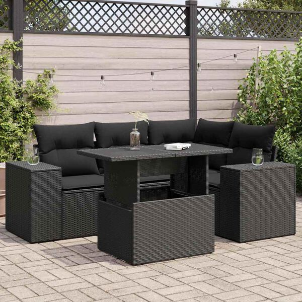 vidaXL 5-tlg. Garten-Sofagarnitur mit Kissen Schwarz Poly Rattan