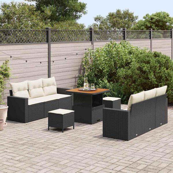 vidaXL Garten-Sofa-Set mit Kissen mit Speicher 9 pcs Schwarz und Creme