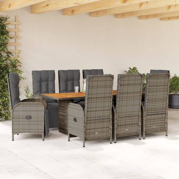 vidaXL 9-tlg. Garten-Essgruppe mit Kissen Grau Poly Rattan