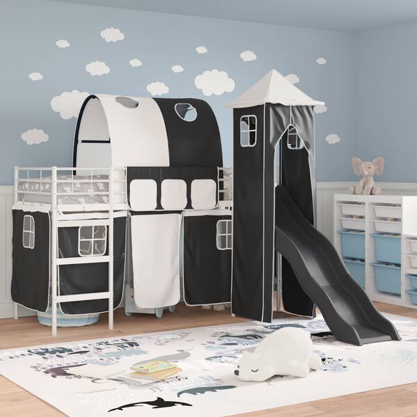 vidaXL Kinderloftbett Wei&szlig; und Schwarz 99,5 x 190 cm Metall