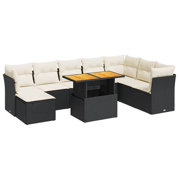 vidaXL 9-tlg. Garten-Sofagarnitur mit Kissen Schwarz Poly Rattan