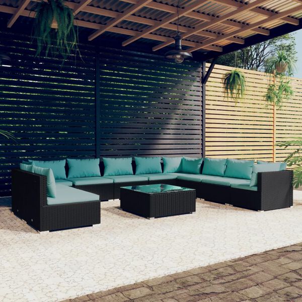 vidaXL 11-tlg. Garten-Lounge-Set mit Kissen Schwarz Poly Rattan