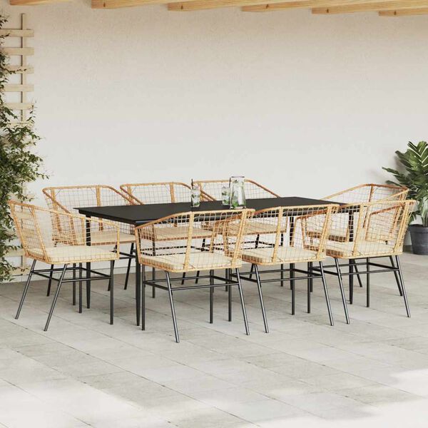 vidaXL 9-tlg. Garten-Essgruppe mit Kissen Braun Poly Rattan Glas