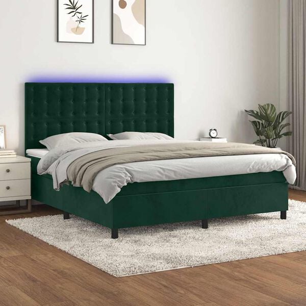 vidaXL Boxspringbett mit Matratze & LED Dunkelgr&uuml;n 160x200 cm Samt