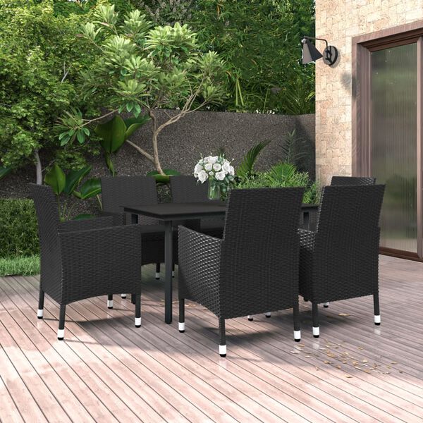 vidaXL 7-tlg. Garten-Essgruppe mit Auflagen Poly Rattan und Glas