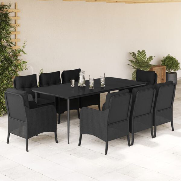 vidaXL 9-tlg. Garten-Essgruppe mit Kissen Schwarz Poly Rattan