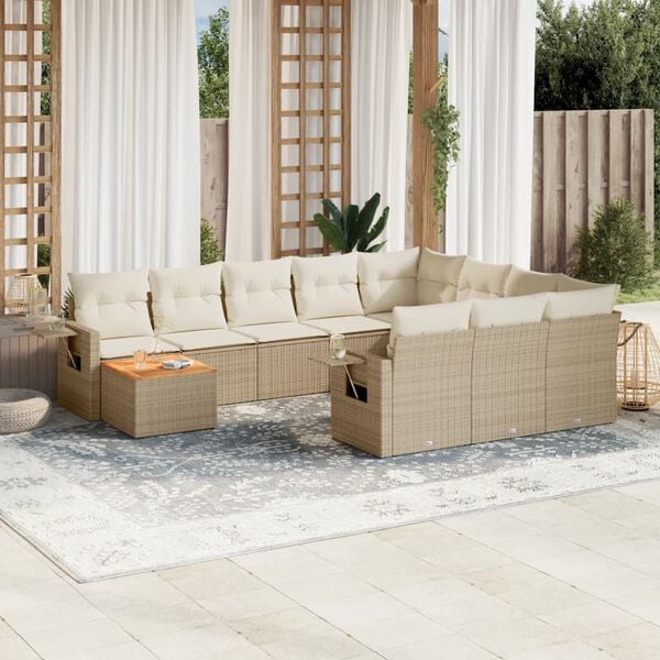 vidaXL 11-tlg. Garten-Sofagarnitur mit Kissen Beige Poly Rattan