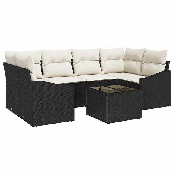 vidaXL Sofa Set mit Kissen 7 pcs Schwarz und Creme Poly Rattan