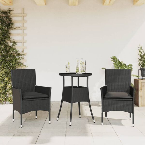 vidaXL 3-tlg. Garten-Essgruppe mit Kissen Schwarz Poly Rattan Glas
