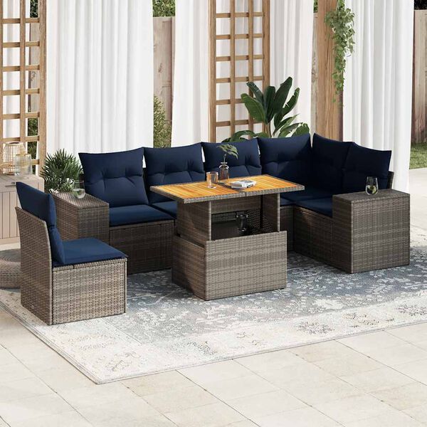 vidaXL 7-tlg. Garten-Sofagarnitur mit Kissen Grau Poly Rattan