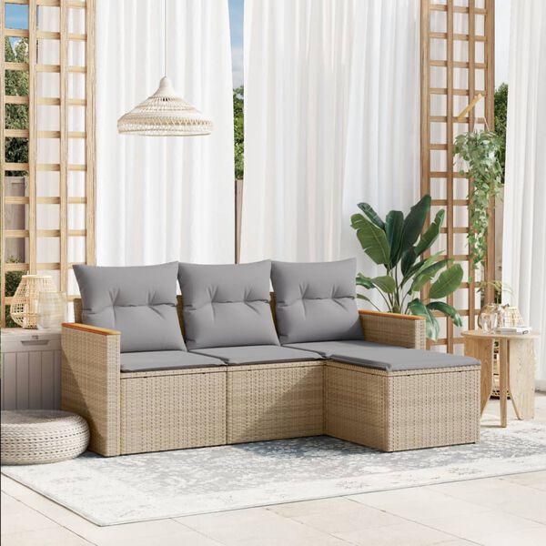 vidaXL 4-tlg. Garten-Sofagarnitur mit Kissen Beige Poly Rattan