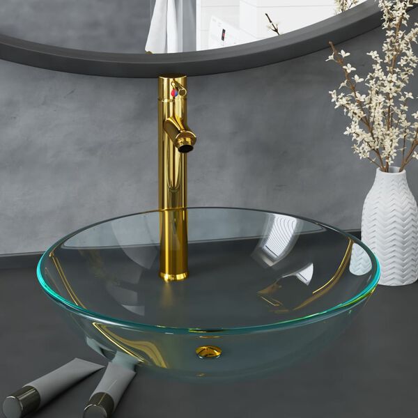 vidaXL Waschbecken mit Wasserhahn und Ablaufgarnitur aus gehärtetem