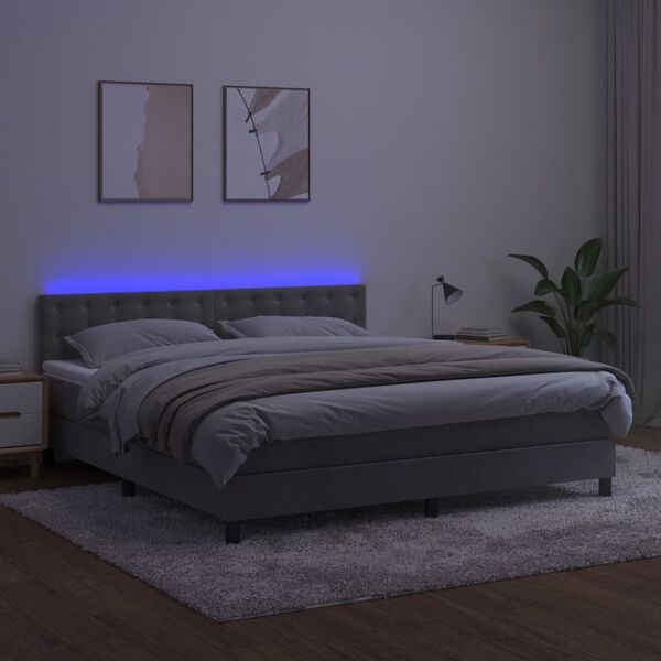 vidaXL Boxspringbett mit Matratze & LED Hellgrau 160x200 cm Samt
