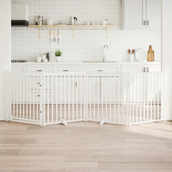 vidaXL 4-tlg. Hundetor mit T&uuml;r Faltbar Wei&szlig; 320 cm Massivholz Tanne