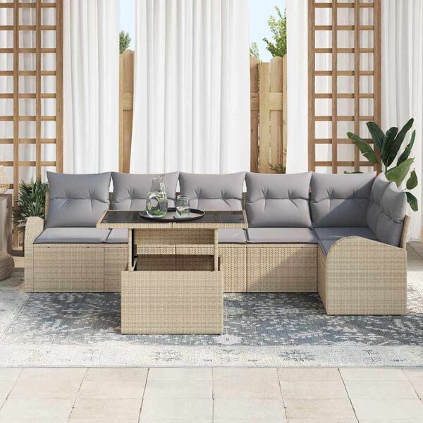 vidaXL Garten-Sofa-Set mit Kissen 7 pcs Beige und Hellgrau Poly-Rattan