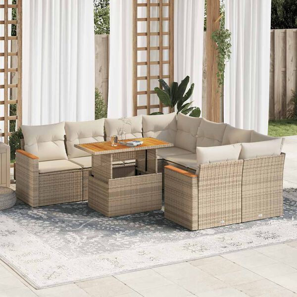 vidaXL 9-tlg. Garten-Sofagarnitur mit Kissen Beige Poly Rattan Akazie