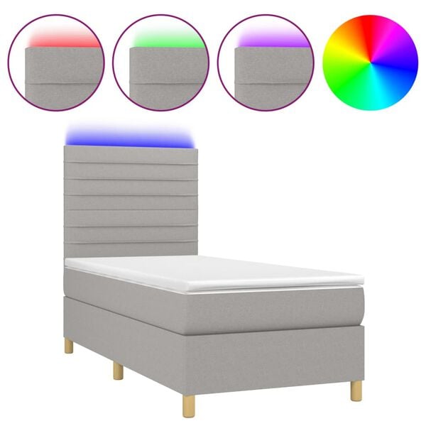 vidaXL Boxspringbett mit Matratze & LED Hellgrau 90x200 cm Stoff