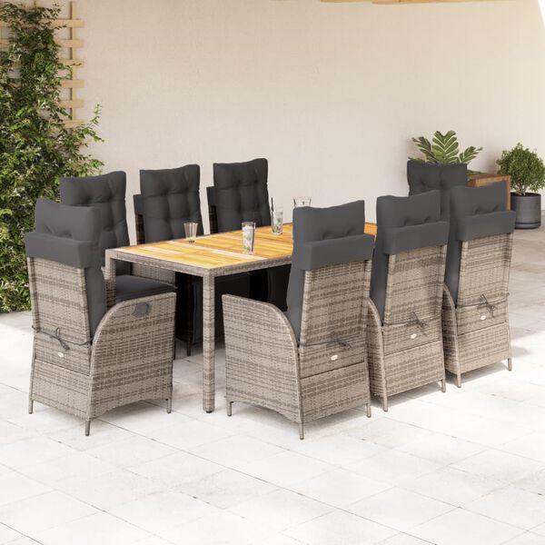 vidaXL 9-tlg. Garten-Essgruppe mit Kissen Grau Poly Rattan