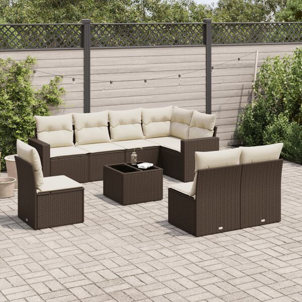 vidaXL 9-tlg. Garten-Sofagarnitur mit Kissen Braun Poly Rattan