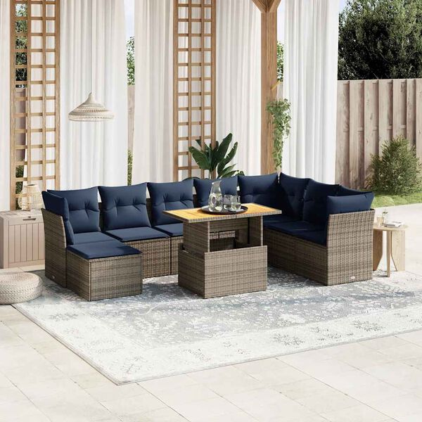 vidaXL 9-tlg. Garten-Sofagarnitur mit Kissen Grau Poly Rattan