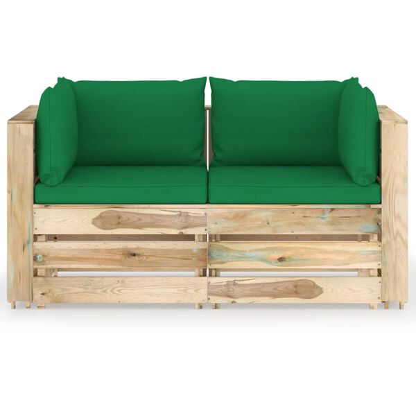 vidaXL 2-Sitzer Outdoor-Sofa mit Kissen Gr&uuml;n Impr&auml;gniertes Holz