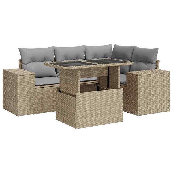 vidaXL 5-tlg. Garten-Sofagarnitur mit Kissen Beige Poly Rattan