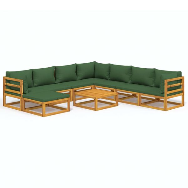 vidaXL 9-tlg. Garten-Lounge-Set mit Grünen Kissen Massivholz