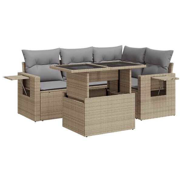 vidaXL 5-tlg. Garten-Sofagarnitur mit Kissen Beige Poly Rattan