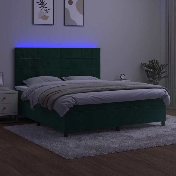 vidaXL Boxspringbett mit Matratze & LED Dunkelgr&uuml;n 160x200 cm Samt