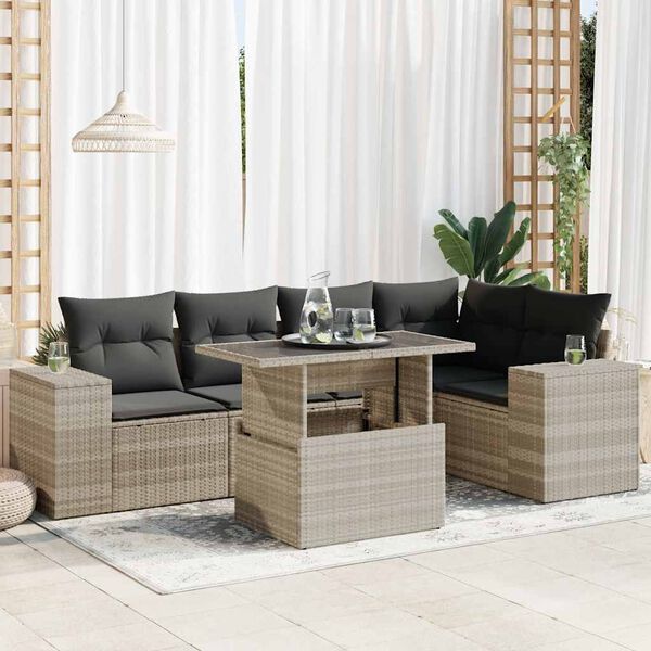 vidaXL 6-tlg. Garten-Sofagarnitur mit Kissen Hellgrau Poly Rattan