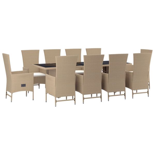 vidaXL 11-tlg. Garten-Essgruppe mit Kissen Beige Poly Rattan
