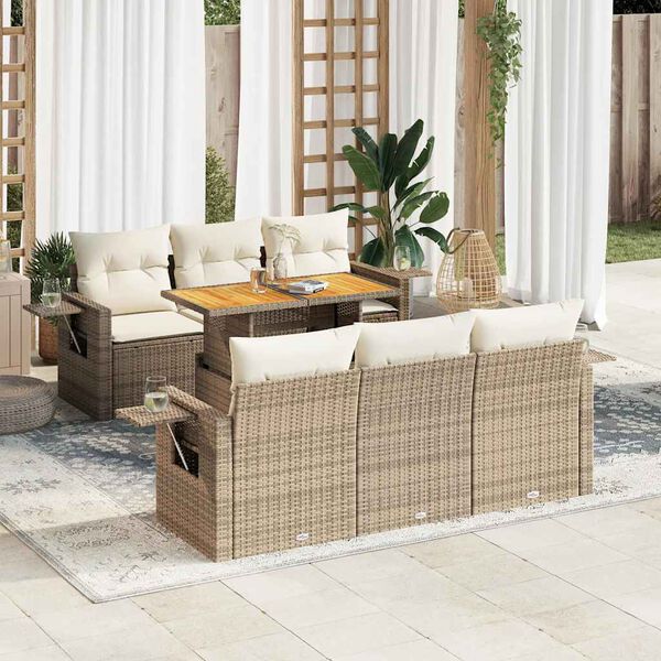 vidaXL 7-tlg. Garten-Sofagarnitur mit Kissen Beige Poly Rattan