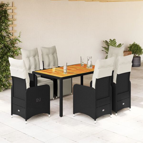 vidaXL 7-tlg. Garten-Bistro-Set mit Kissen Schwarz Poly Rattan