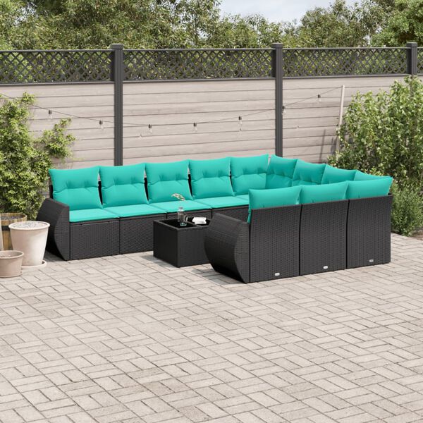 vidaXL 11-teiliges Gartensofa-Set mit Kissen, schwarzes Polyrattan