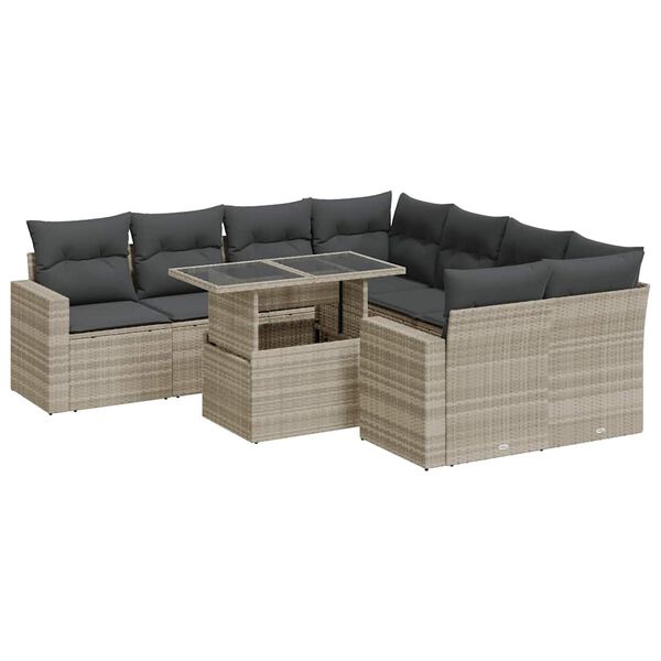 vidaXL 9-tlg. Garten-Sofagarnitur mit Kissen Hellgrau Poly Rattan
