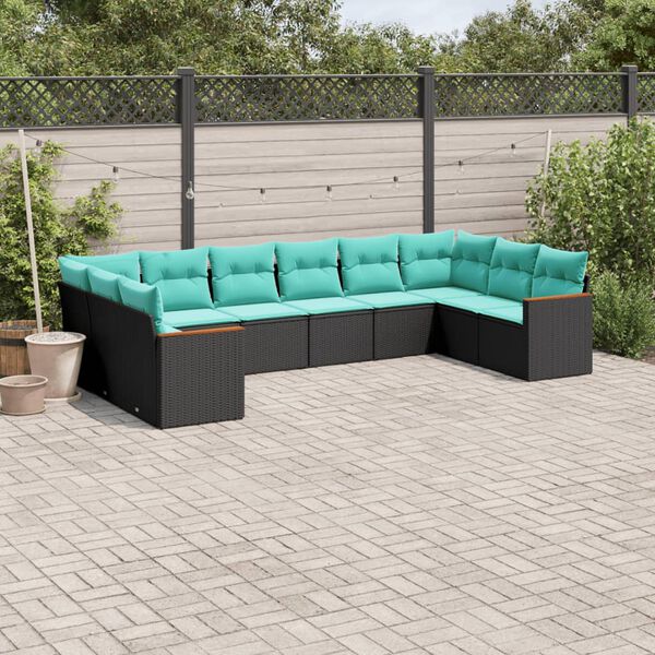 vidaXL 10-teiliges Gartensofa-Set mit Kissen, schwarzes Polyrattan