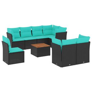vidaXL 9-tlg. Garten-Sofagarnitur mit Kissen Schwarz Poly Rattan