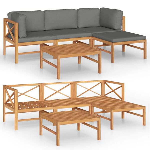 vidaXL 5-tlg. Garten-Lounge-Set mit Grauen Kissen Massivholz Teak