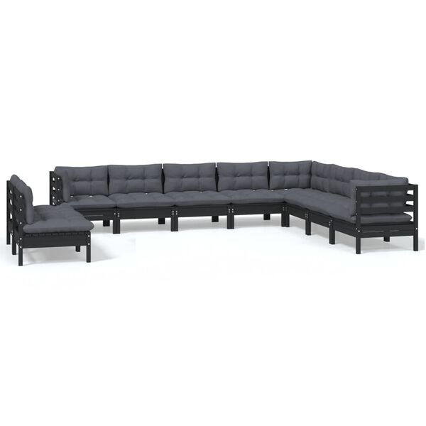 vidaXL 10-tlg. Garten-Lounge-Set mit Kissen Schwarz Massivholz Kiefer