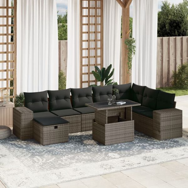 vidaXL 9-tlg. Garten-Sofagarnitur mit Kissen Grau Poly Rattan