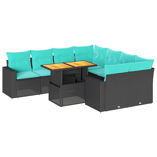 vidaXL 9-tlg. Garten-Sofagarnitur mit Kissen Schwarz Poly Rattan