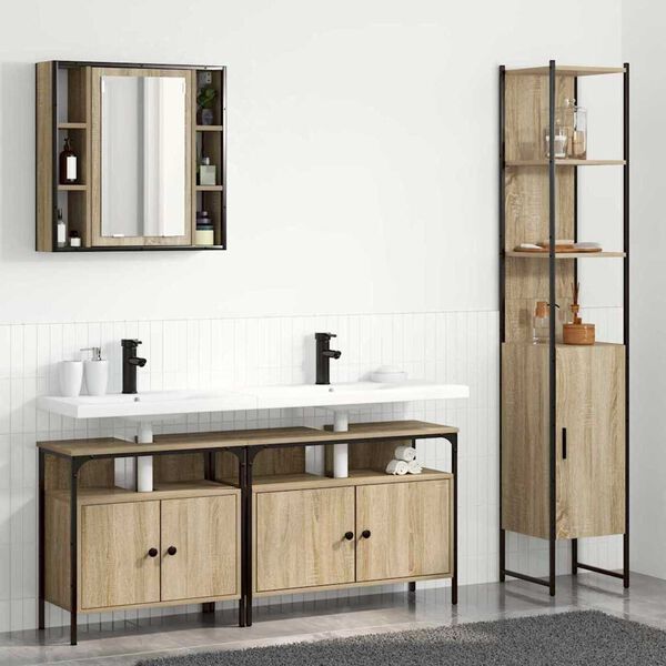 vidaXL Badezimmerm&ouml;bel-Set mit Regal 4 pcs Sonoma-Eiche Holzwerkstoff