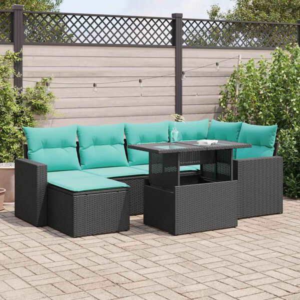 vidaXL 7-tlg. Garten-Sofagarnitur mit Kissen Schwarz Poly Rattan