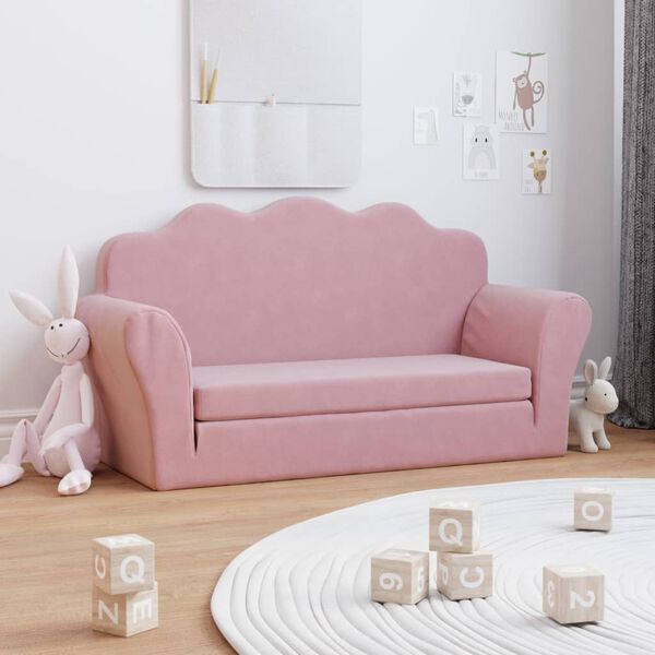 vidaXL 2-Sitzer Kindersofa mit Schlaffunktion Rosa Weicher Pl&uuml;sch
