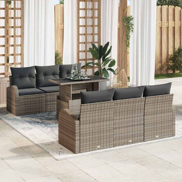 vidaXL Gartensofa-set mit Kissen mit Speicher 7 pcs Grau Poly Rattan