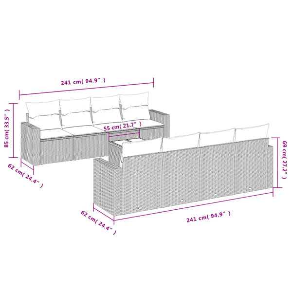 vidaXL 9-tlg. Garten-Sofagarnitur mit Kissen Hellgrau Poly Rattan