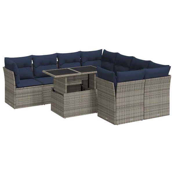 vidaXL 9-tlg. Garten-Sofagarnitur mit Kissen Grau Poly Rattan Akazie