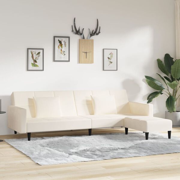 vidaXL Schlafsofa 2-Sitzer mit 2 Kissen & Hocker Creme Samt