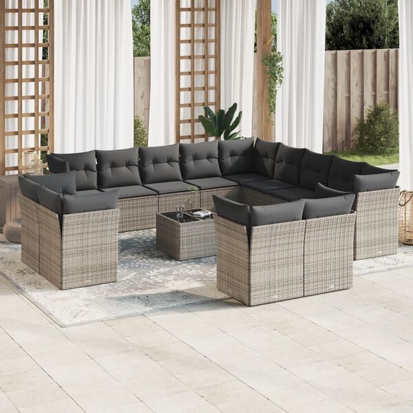vidaXL 14-tlg. Garten-Sofagarnitur mit Kissen Grau Poly Rattan